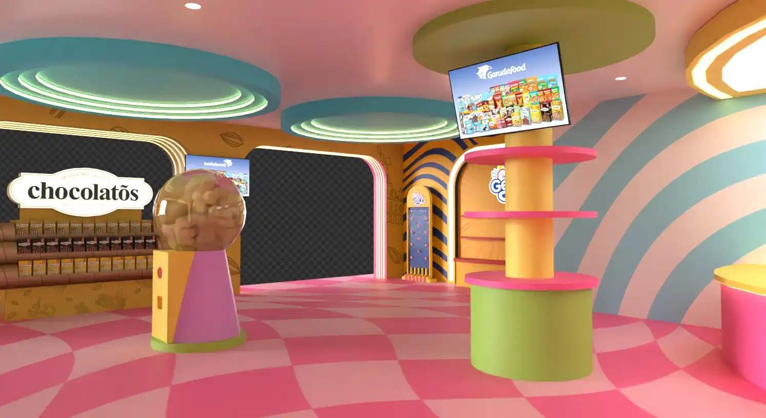Wireframe 3D struktur booth GarudaFood PRJ — tampak bare structure dengan framing cyan dan platform panggung merah muda