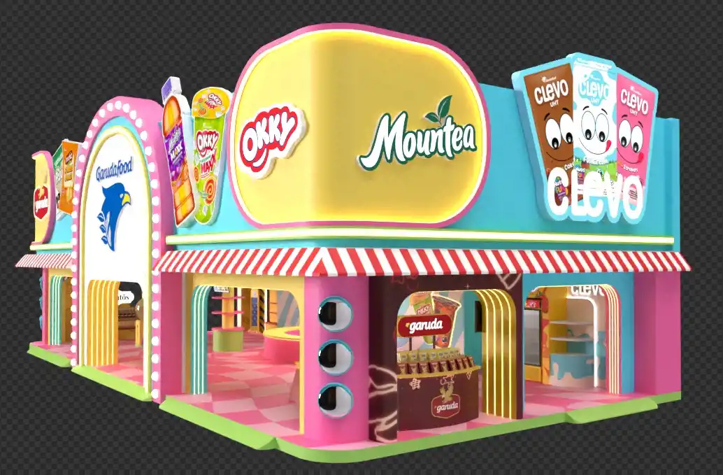 Booth GarudaFood PRJ — sisi kanan dengan branding Okky, Mountea, Clevo, dan GarudaFood