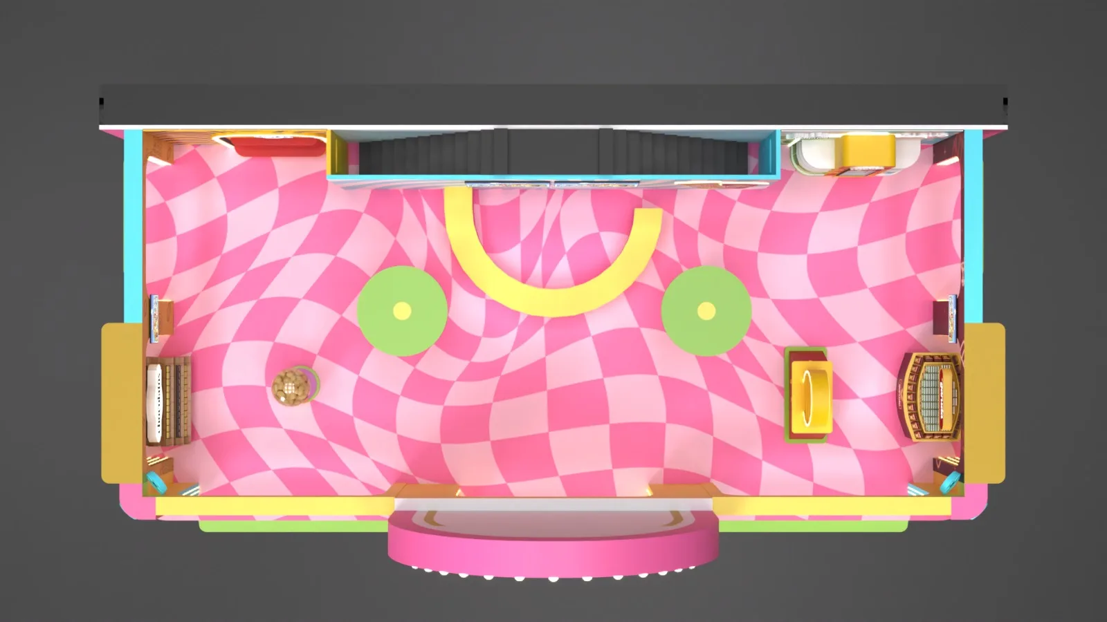 Floor plan bird's-eye view booth GarudaFood PRJ — denah lantai wavy pink checkerboard dengan smiley face dan zona per sub-brand