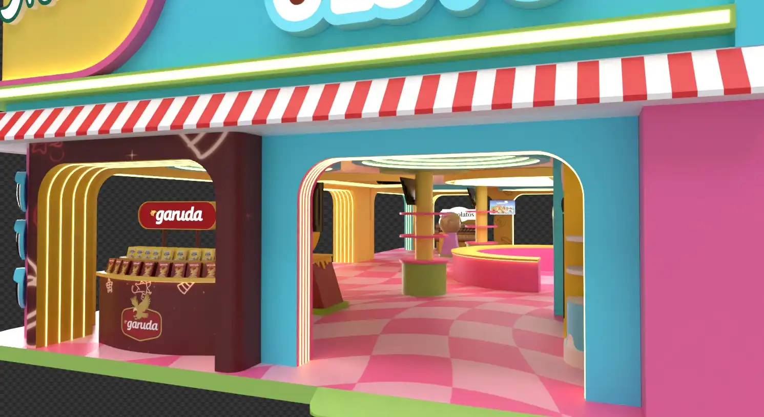 Detail entrance booth GarudaFood PRJ — zona Garuda snack dengan display produk dan branding gold marquee