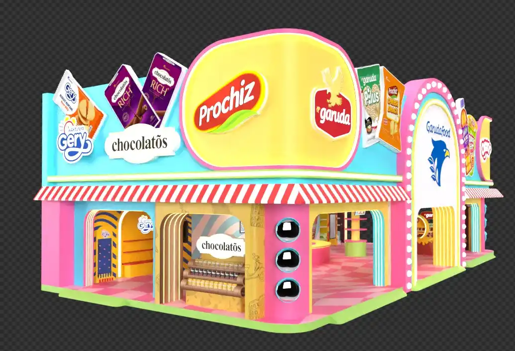 Booth GarudaFood PRJ Jakarta — tampak depan eksterior candy land dengan branding Prochiz, Garuda, Okky, Mountea